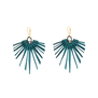 A pair of fan shaped earrings made with strands of teal textiles.
